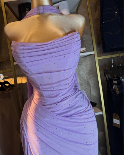 Elegant Lilac Sheath Long Prom Dresses Chiffon Strapless Evening Gowns Sleeveless Formal  Dresses ED05811