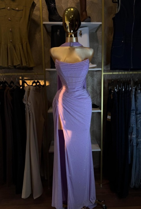 Elegant Lilac Sheath Long Prom Dresses Chiffon Strapless Evening Gowns Sleeveless Formal  Dresses ED05811
