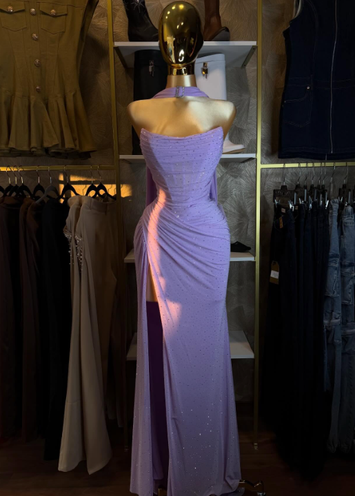 Elegant Lilac Sheath Long Prom Dresses Chiffon Strapless Evening Gowns Sleeveless Formal  Dresses ED05811