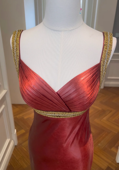 Elegant Burgundy Sheath Long Prom Dresses Satin V-Neck Evening Gowns Sleeveless Formal  Dresses ED05813