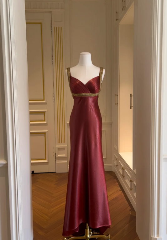 Elegant Burgundy Sheath Long Prom Dresses Satin V-Neck Evening Gowns Sleeveless Formal  Dresses ED05813