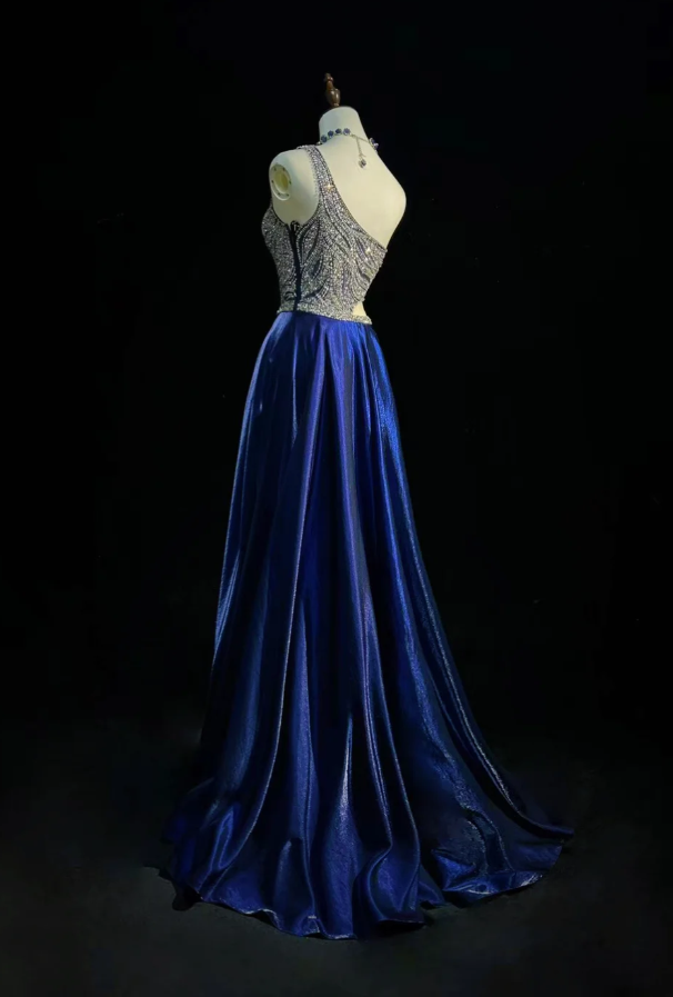 Elegant Blue Sheath Long Prom Dresses Rhinstones Satin One-shoulder Evening Gowns Sleeveless Formal Dresses ED05814