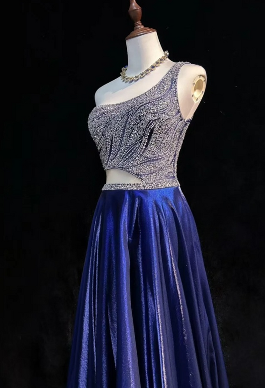 Elegant Blue Sheath Long Prom Dresses Rhinstones Satin One-shoulder Evening Gowns Sleeveless Formal Dresses ED05814