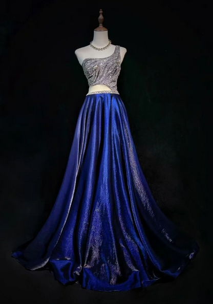 Elegant Blue Sheath Long Prom Dresses Rhinstones Satin One-shoulder Evening Gowns Sleeveless Formal Dresses ED05814
