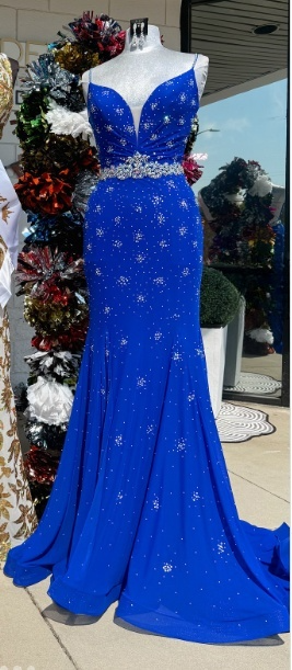 Elegant Blue Sheath Long Prom Dresses Rhinstones Tulle Spaghetti Straps Evening Gowns Backless Christmas Dresses ED05817