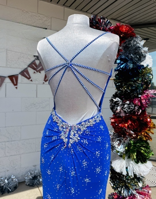 Elegant Blue Sheath Long Prom Dresses Rhinstones Tulle Spaghetti Straps Evening Gowns Backless Christmas Dresses ED05817