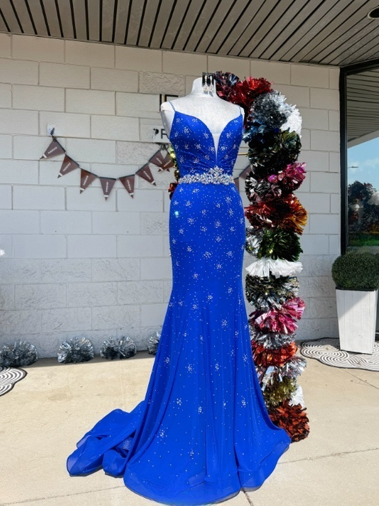 Elegant Blue Sheath Long Prom Dresses Rhinstones Tulle Spaghetti Straps Evening Gowns Backless Christmas Dresses ED05817