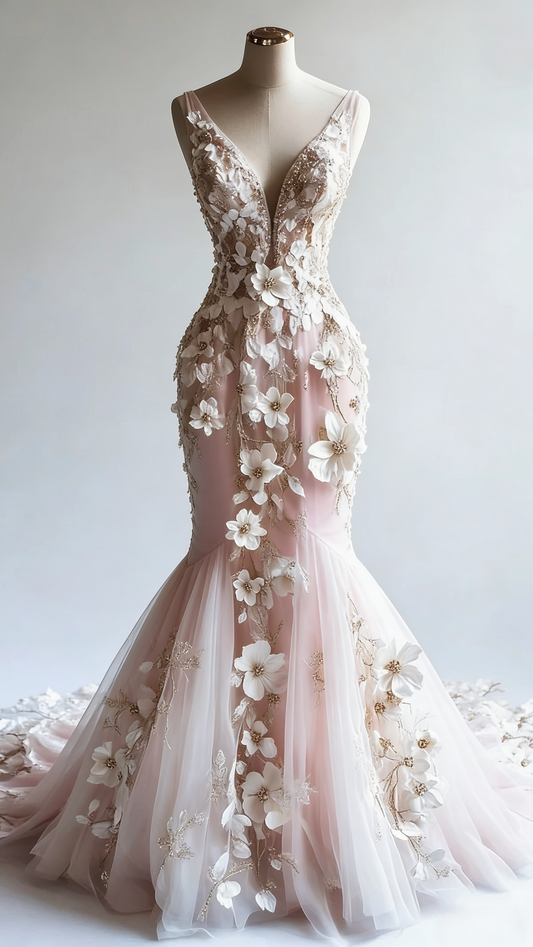 Elegant Mermaid Long Prom Dresses Appliques Tulle V-neck Evening Gowns Sleeveless Christmas Dresses ED05818