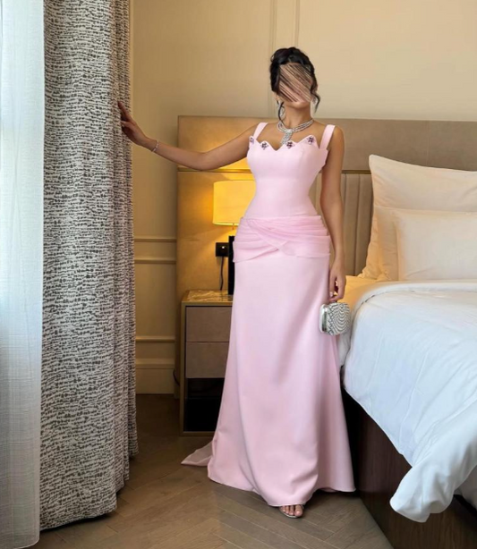 Elegant Pink Sheath Long Prom Dresses Beaded Satin Straps Evening Gowns Sleeveless Christmas Dresses ED05820