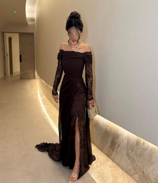 Elegant Brown Sheath Long Prom Dresses Lace Satin Off-shoulder Evening Gowns Long Sleeves Christmas Dresses ED05821