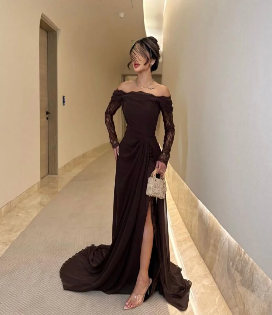 Elegant Brown Sheath Long Prom Dresses Lace Satin Off-shoulder Evening Gowns Long Sleeves Christmas Dresses ED05821