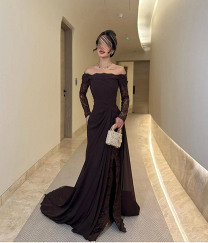 Elegant Brown Sheath Long Prom Dresses Lace Satin Off-shoulder Evening Gowns Long Sleeves Christmas Dresses ED05821