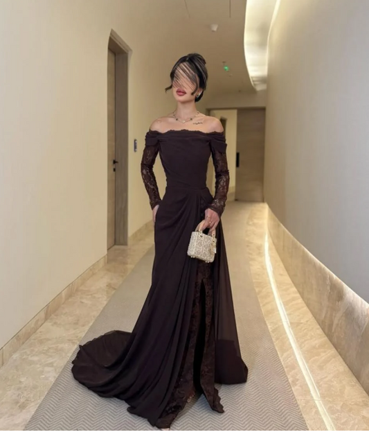 Elegant Brown Sheath Long Prom Dresses Lace Satin Off-shoulder Evening Gowns Long Sleeves Christmas Dresses ED05821