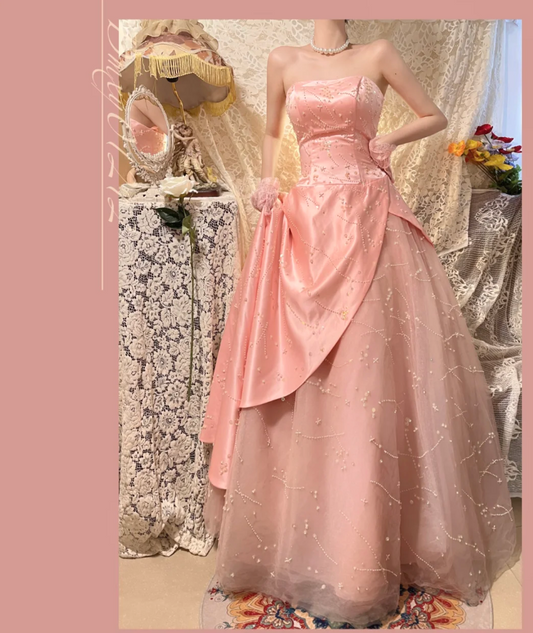 Elegant Pink A-Line Long Prom Dresses Beaded Satin Tulle Strapless Evening Gowns Sleeveless Formal Dresses ED05822