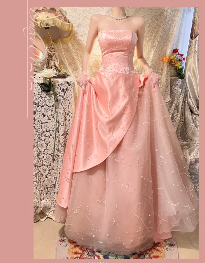 Elegant Pink A-Line Long Prom Dresses Beaded Satin Tulle Strapless Evening Gowns Sleeveless Formal Dresses ED05822