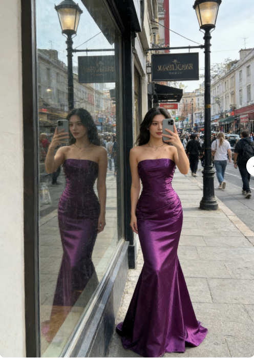Elegant Purple Mermaid Long Prom Dresses Satin Strapless Evening Gowns Sleeveless Formal Dresses ED05823