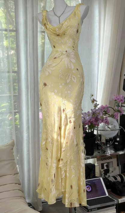 Elegant Yellow Sheath Long Prom Dresses Chiffon V-neck Evening Gowns Sleeveless Formal Dresses ED05824