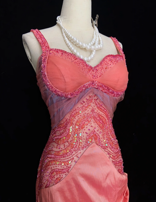 Retro Pink Sheath Long Prom Dresses Satin Straps Evening Gowns Sleeveless Formal Dresses ED05825