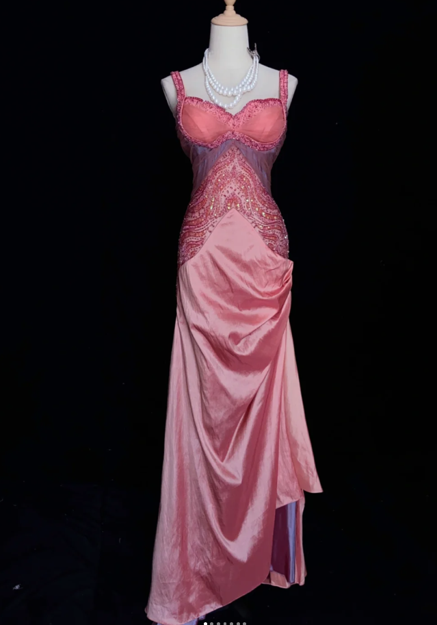 Retro Pink Sheath Long Prom Dresses Satin Straps Evening Gowns Sleeveless Formal Dresses ED05825