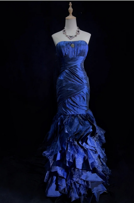 Retro Blue Sheath Long Prom Dresses Satin Strapless Evening Gowns Sleeveless Formal Dresses ED05826