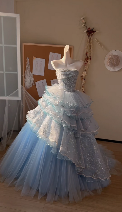 Cute Blue A-Line Long Prom Dresses Glitter Tulle Strapless Evening Gowns Sleeveless Formal Dresses ED05828