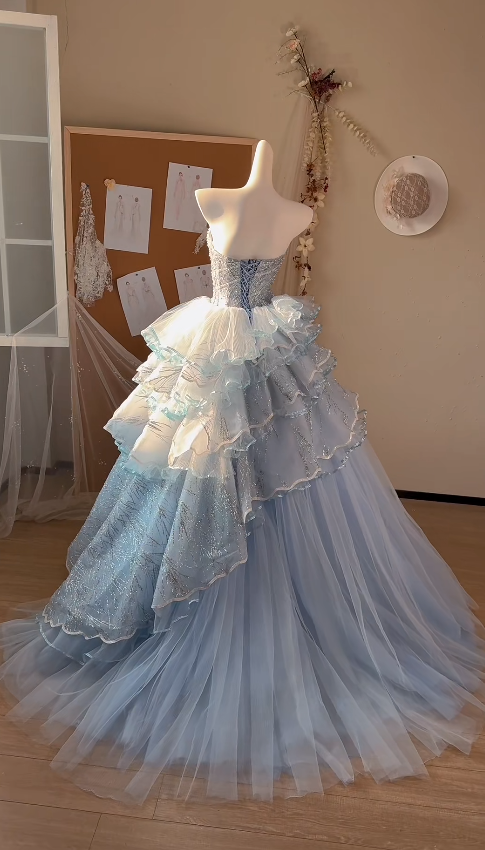 Cute Blue A-Line Long Prom Dresses Glitter Tulle Strapless Evening Gowns Sleeveless Formal Dresses ED05828