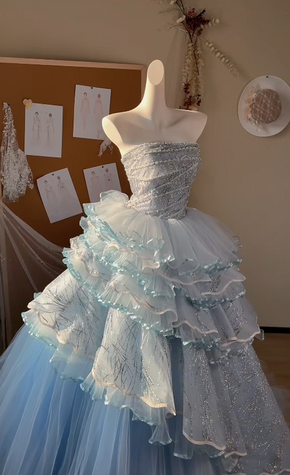 Cute Blue A-Line Long Prom Dresses Glitter Tulle Strapless Evening Gowns Sleeveless Formal Dresses ED05828