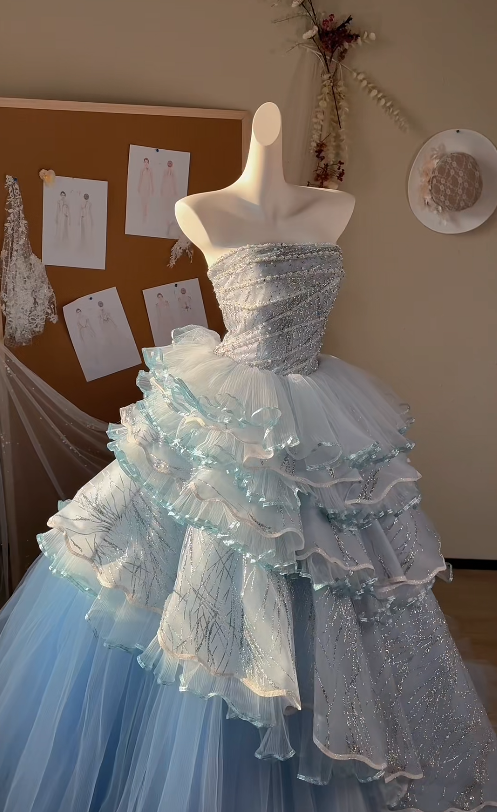 Cute Blue A-Line Long Prom Dresses Glitter Tulle Strapless Evening Gowns Sleeveless Formal Dresses ED05828