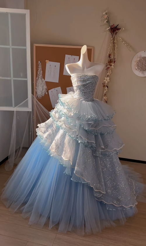 Cute Blue A-Line Long Prom Dresses Glitter Tulle Strapless Evening Gowns Sleeveless Formal Dresses ED05828