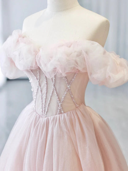 A-Line Off Shoulder Tulle Beads Pink Long Prom Dress, Pink Tulle Long Formal Dress ED0583