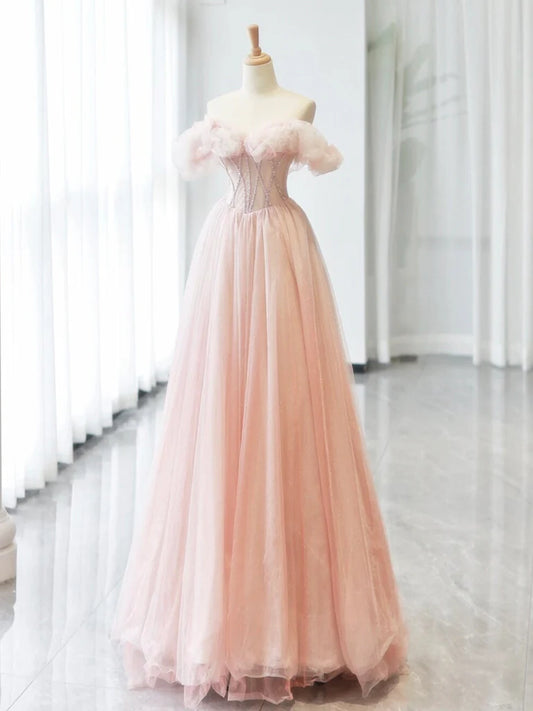 A-Line Off Shoulder Tulle Beads Pink Long Prom Dress, Pink Tulle Long Formal Dress ED0583