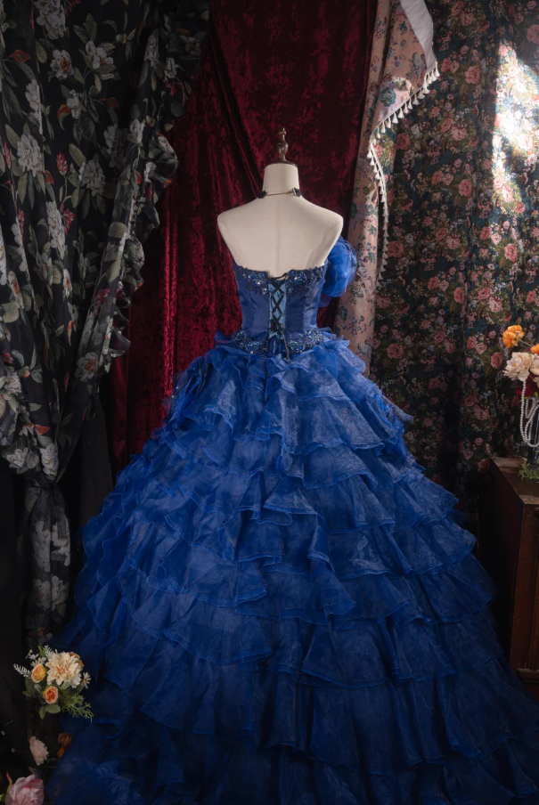 Cute Blue Ball Gown Tulle Long Prom Dresses Appliques Strapless Quinceanera Dresses Sleeveless Sweet 16 Dresses ED05830