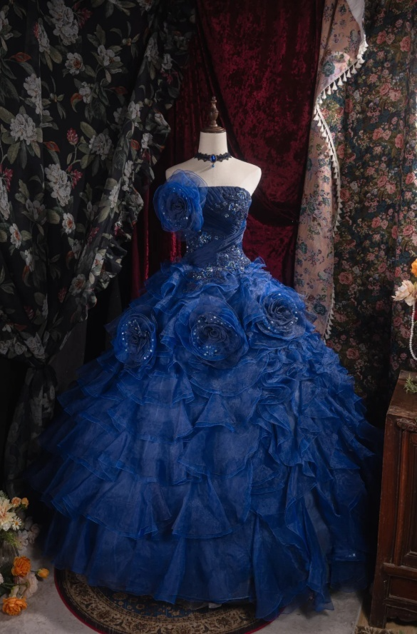 Cute Blue Ball Gown Tulle Long Prom Dresses Appliques Strapless Quinceanera Dresses Sleeveless Sweet 16 Dresses ED05830