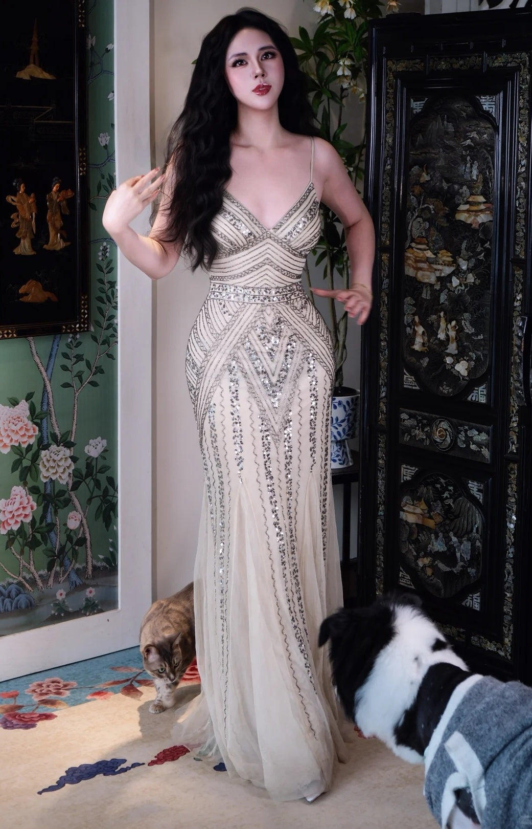 Retro Light Champagne Sheath Long Prom Dresses Beaded Chiffon Spaghetti Straps Evening Dresses Sleeveless Christmas Dresses ED05831