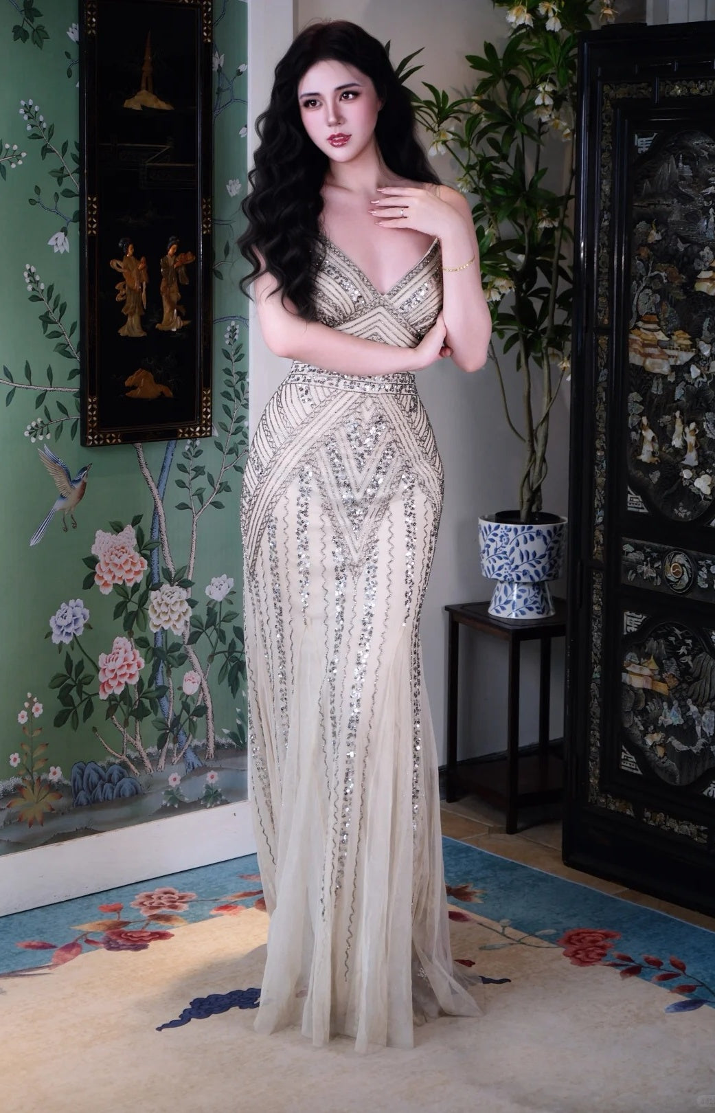 Retro Light Champagne Sheath Long Prom Dresses Beaded Chiffon Spaghetti Straps Evening Dresses Sleeveless Christmas Dresses ED05831