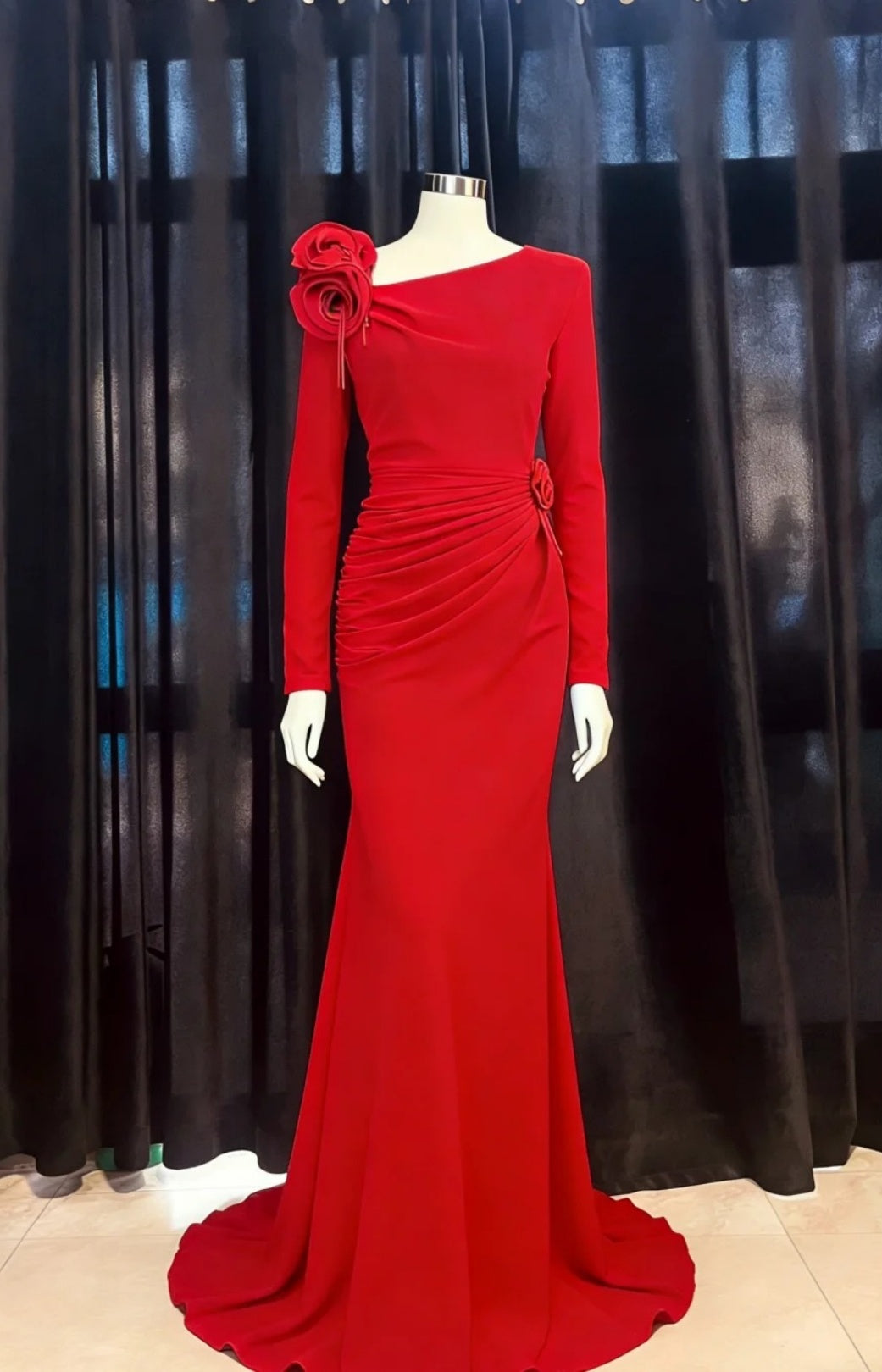 Elegant Blue Mermaid Long Prom Dresses Satin Irregular Collar Evening Dresses Long Sleeves Mother Of Bride Dresses ED05832