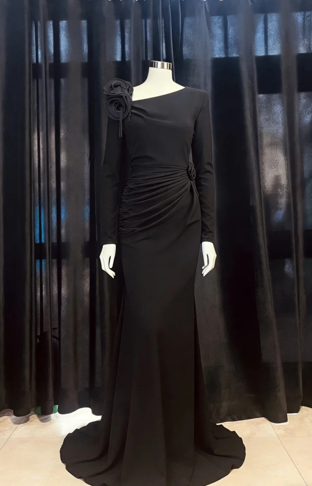 Elegant Blue Mermaid Long Prom Dresses Satin Irregular Collar Evening Dresses Long Sleeves Mother Of Bride Dresses ED05832