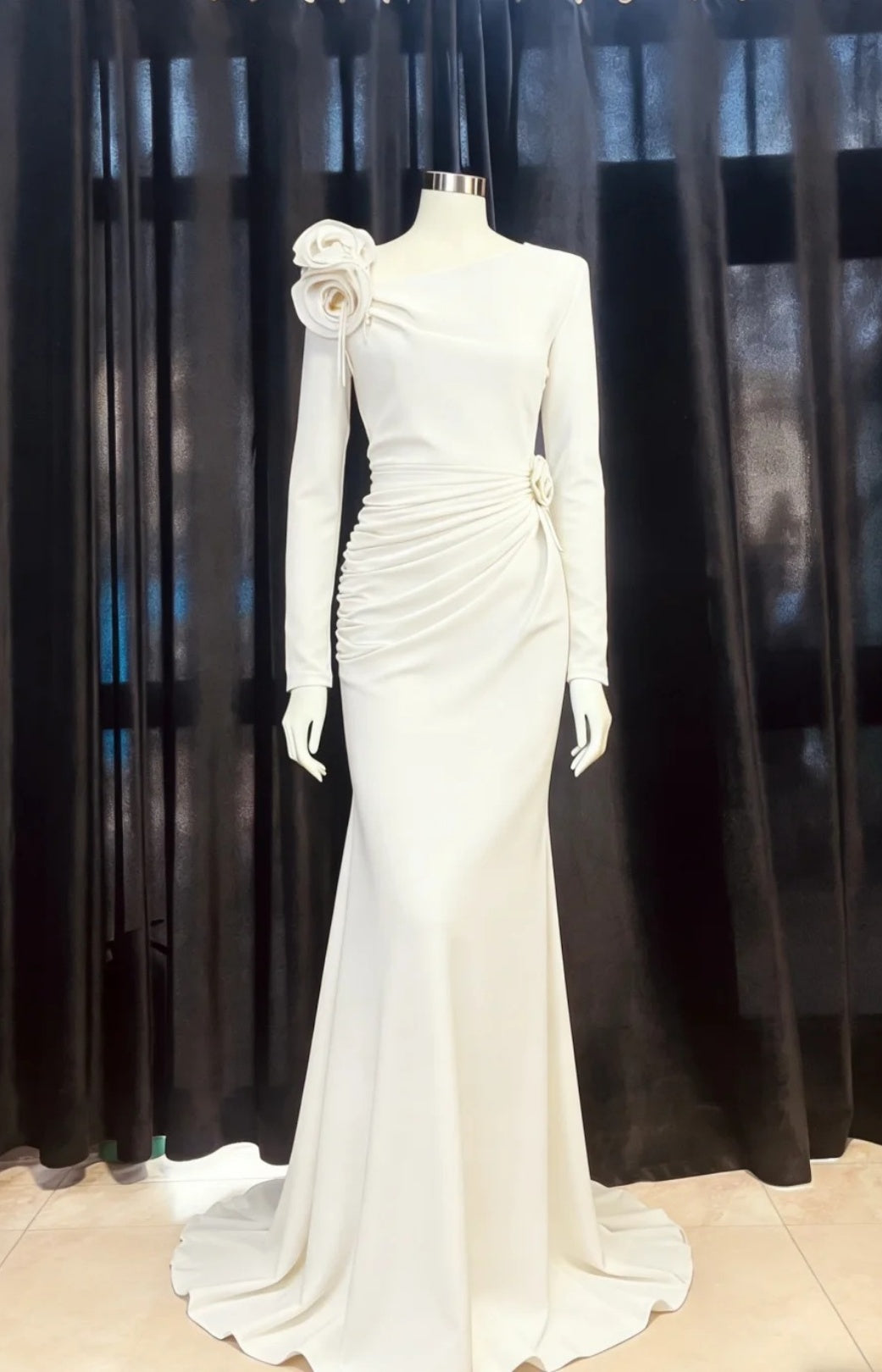 Elegant Blue Mermaid Long Prom Dresses Satin Irregular Collar Evening Dresses Long Sleeves Mother Of Bride Dresses ED05832