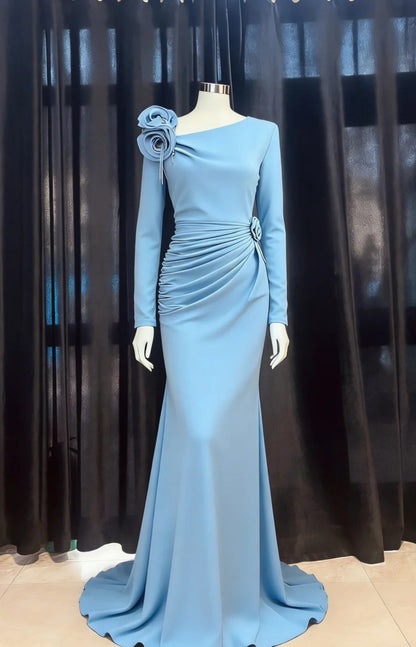Elegant Blue Mermaid Long Prom Dresses Satin Irregular Collar Evening Dresses Long Sleeves Mother Of Bride Dresses ED05832