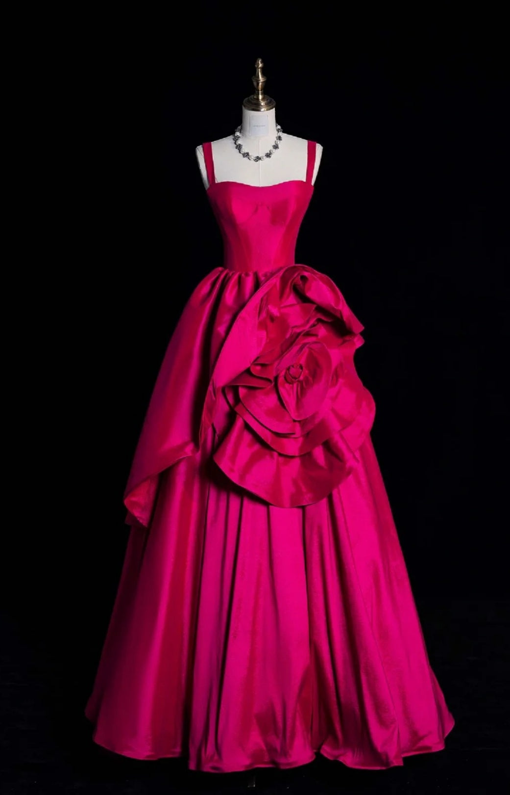 Elegant Hot Pink A-Line Long Prom Dresses Satin Spaghetti Straps Evening Dresses Sleeveless Birthday Dresses ED05833