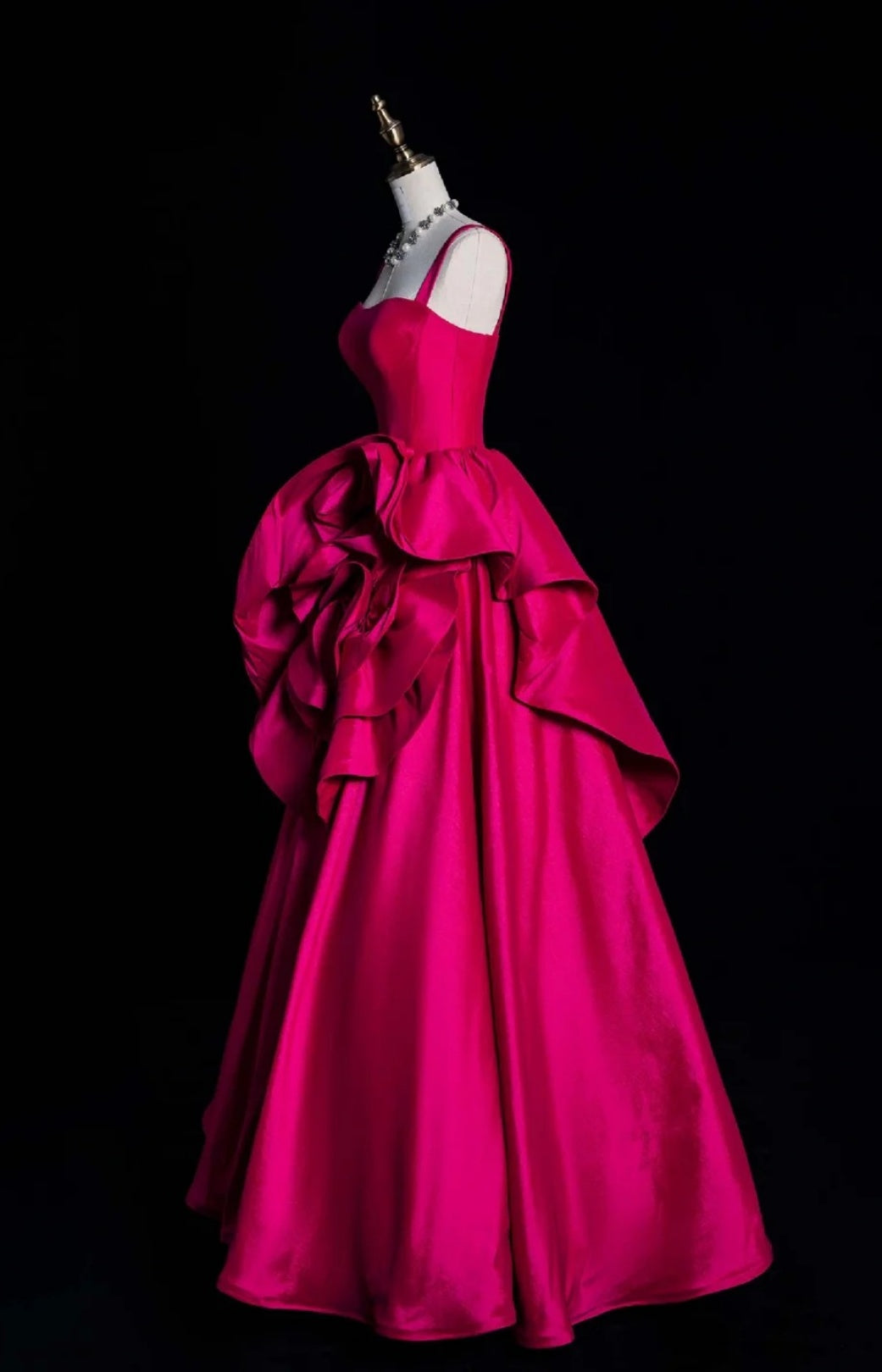 Elegant Hot Pink A-Line Long Prom Dresses Satin Spaghetti Straps Evening Dresses Sleeveless Birthday Dresses ED05833