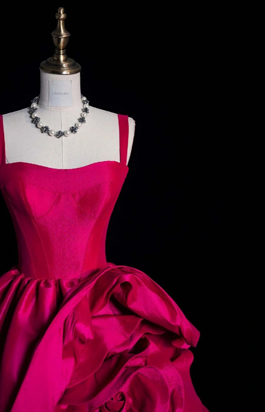 Elegant Hot Pink A-Line Long Prom Dresses Satin Spaghetti Straps Evening Dresses Sleeveless Birthday Dresses ED05833