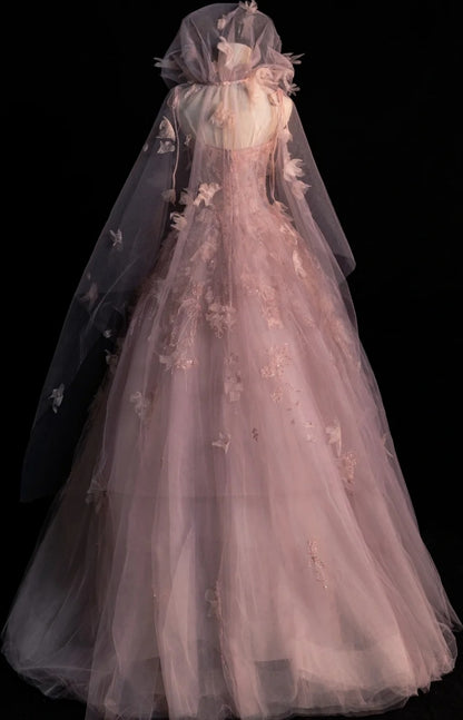 Fairy Pink A-Line Long Prom Dresses Applique Tulle Spaghetti Straps Evening Dresses Sleeveless Birthday Dresses ED05834