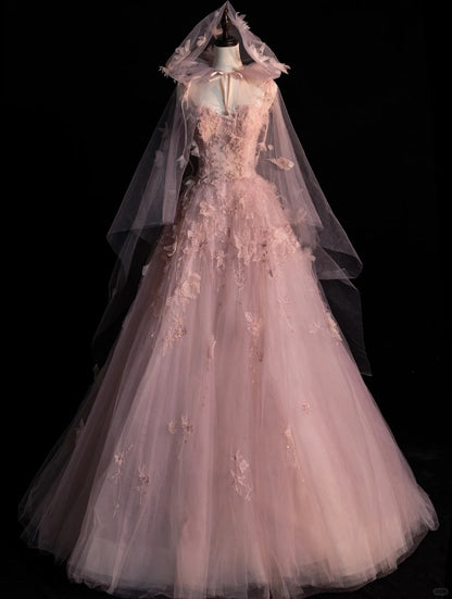 Fairy Pink A-Line Long Prom Dresses Applique Tulle Spaghetti Straps Evening Dresses Sleeveless Birthday Dresses ED05834