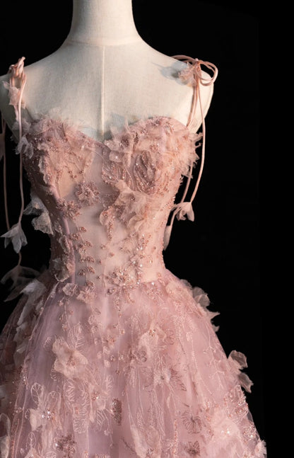 Fairy Pink A-Line Long Prom Dresses Applique Tulle Spaghetti Straps Evening Dresses Sleeveless Birthday Dresses ED05834