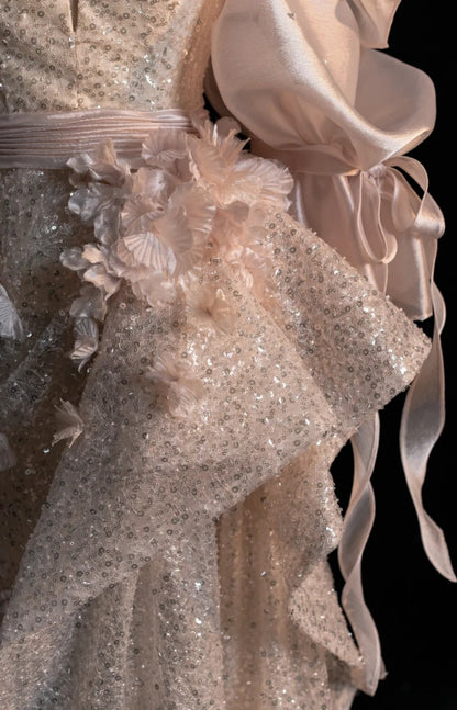 Fairy Pink Sheath Long Prom Dresses Sequins Tulle Off-shoulder Evening Dresses Sleeves Birthday Dresses ED05835