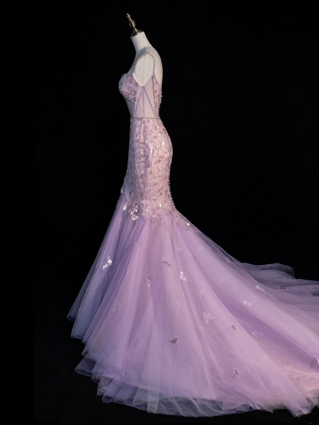 Fairy Lilac Mermaid Long Prom Dresses Sequins Tulle Strapless Evening Dresses Sleeveless Formal Dresses ED05837