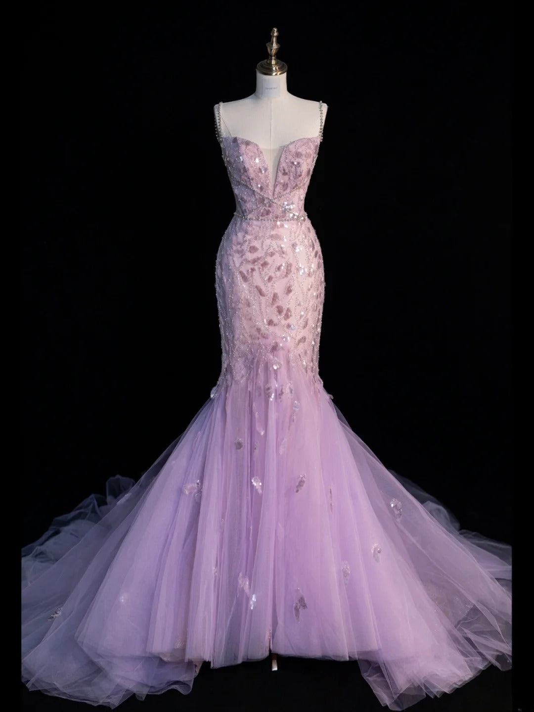 Fairy Lilac Mermaid Long Prom Dresses Sequins Tulle Strapless Evening Dresses Sleeveless Formal Dresses ED05837