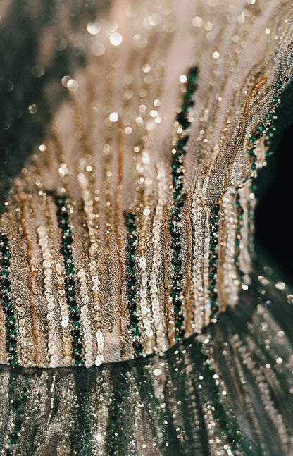Fairy Green A-Line Long Prom Dresses Sequins Tulle V-neck Evening Dresses Sleeveless Formal Dresses ED05838