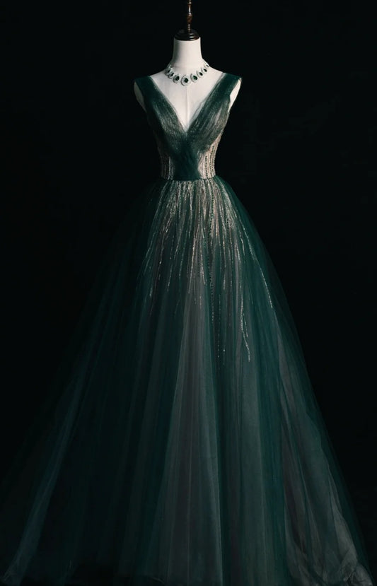 Fairy Green A-Line Long Prom Dresses Sequins Tulle V-neck Evening Dresses Sleeveless Formal Dresses ED05838
